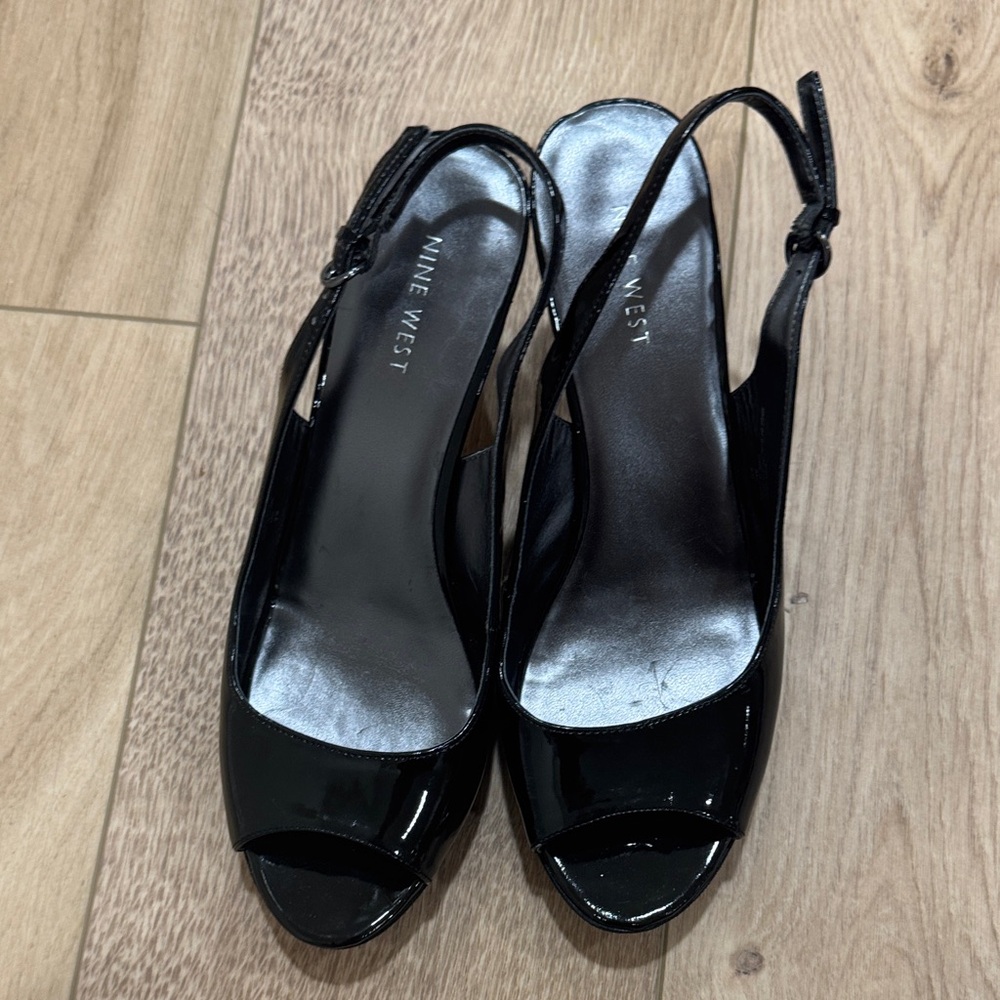 Nine West Glossy Black Peep-Toe Heels